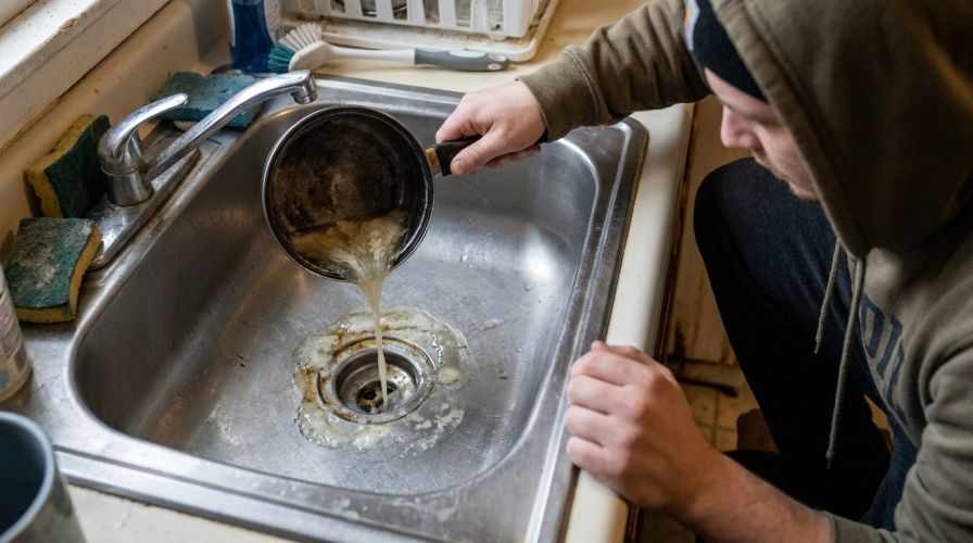 Person kippt Fett in den Abfluss, im Hintergrund steht Wasser in der Dusche