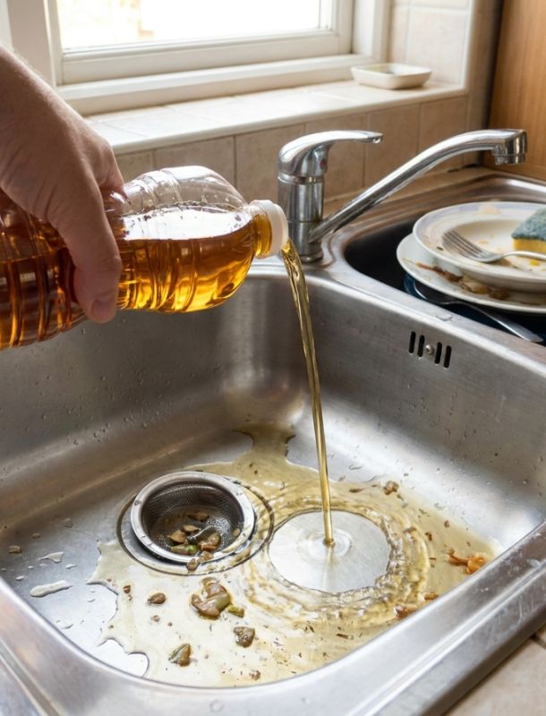 Person kippt Fett in den Abfluss, im Hintergrund steht Wasser in der Dusche